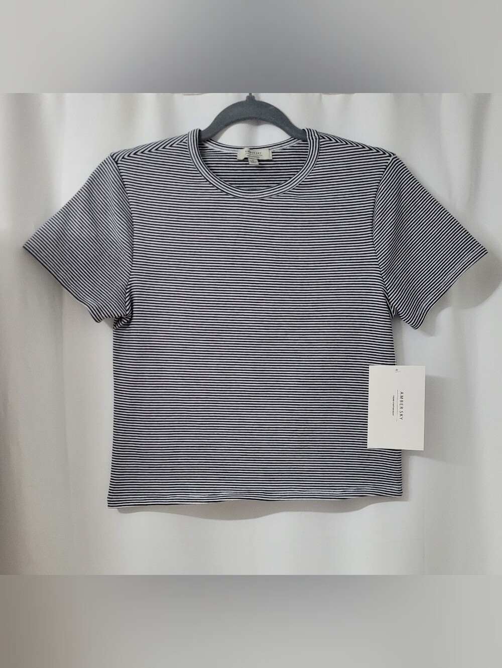 NWT Amber Sky Navy and White micro-striped short-sleeve crewneck tee